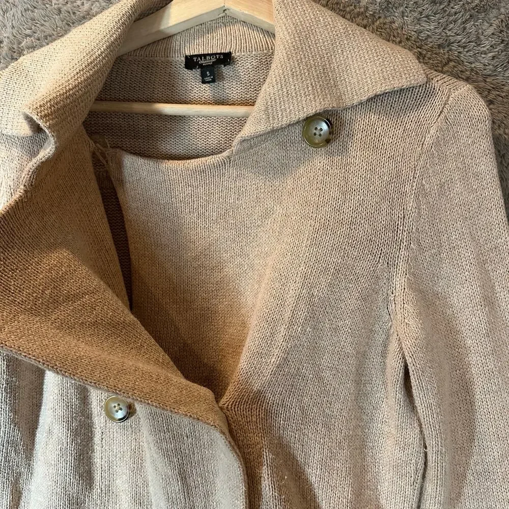 Talbots Petites Double Breasted Cardigan Sweater Collar Beige Tan S SP PS